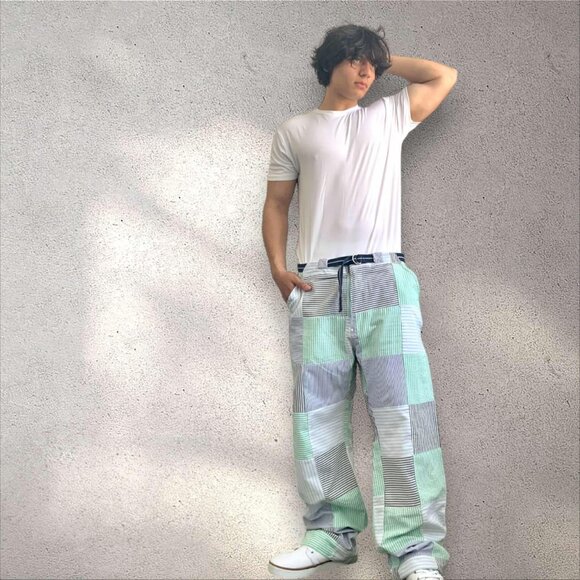 Men's Parish WhiteGreenNavy Plaid Wide Leg Denim Pants